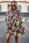 Truedames Floral Print Tiered Sleeve Ruffle Hem Smock Dress In Blue