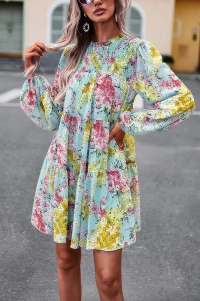 Truedames Floral Print Tiered Sleeve Ruffle Hem Smock Dress In Green