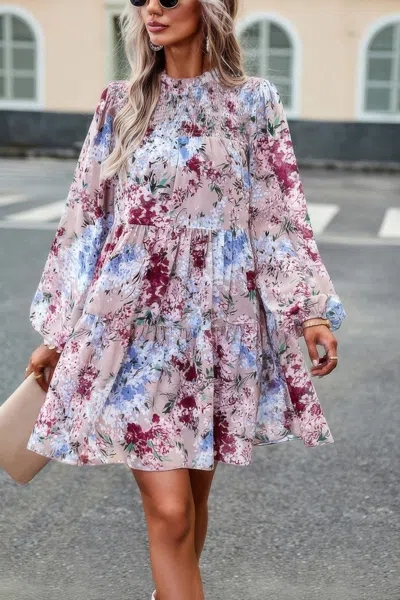 Truedames Floral Print Tiered Sleeve Ruffle Hem Smock Dress In Pink