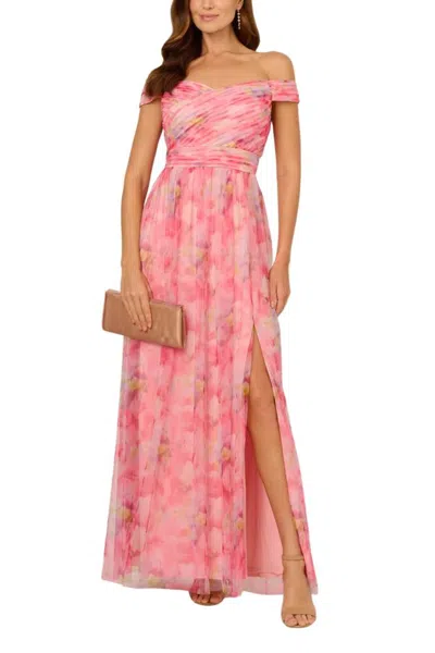 Truedames Floral Print Tulle Off-the-shoulder A-line Dress In Pink