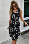 Truedames Floral Print V Neck Half Button Midi Elegant Dress In Black