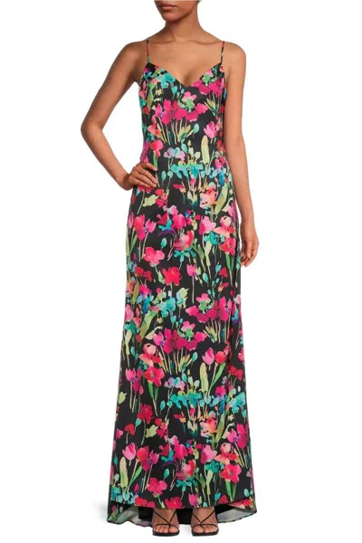 Truedames Floral Print V-neck Spaghetti Strap Satin Gown In Multi