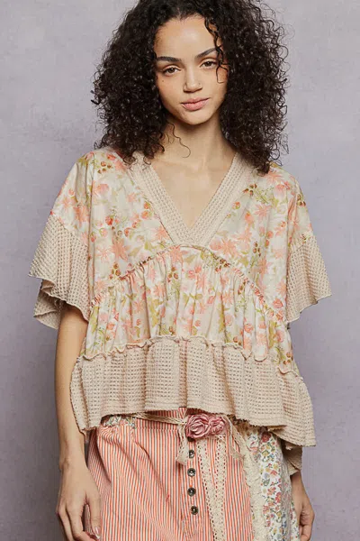 Truedames Floral Print V-neck Woven Blouse With Gentle Gathers In Neutral