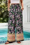 Truedames Floral Printed Loose High Waist Wide Leg Pant In Black