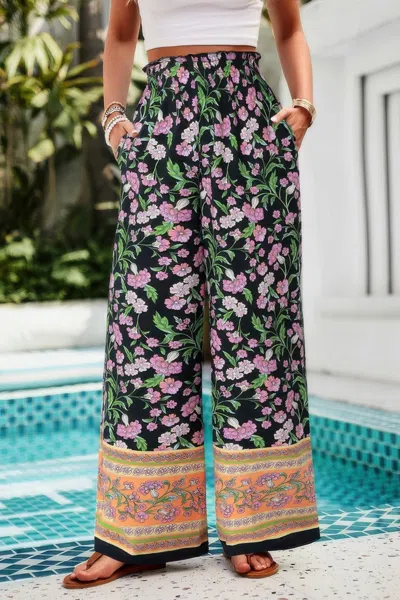 Truedames Floral Printed Loose High Waist Wide Leg Pant In Black