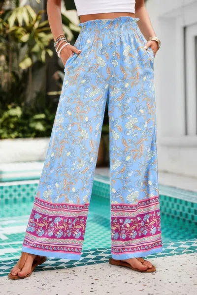 Truedames Floral Printed Loose High Waist Wide Leg Pant In Blue