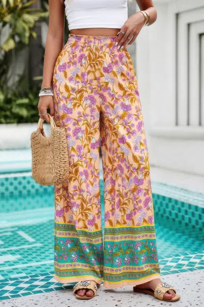 Truedames Floral Printed Loose High Waist Wide Leg Pant In Orange
