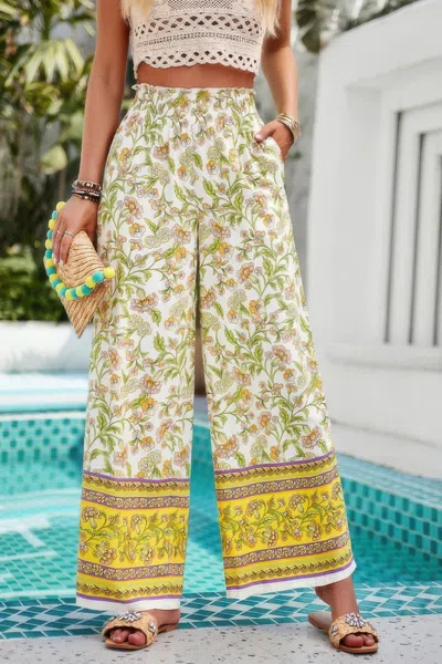 Truedames Floral Printed Loose High Waist Wide Leg Pant In Yellow