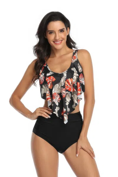Truedames Floral Printed Ruffles Ruffle High Waist Swimsuit In Black