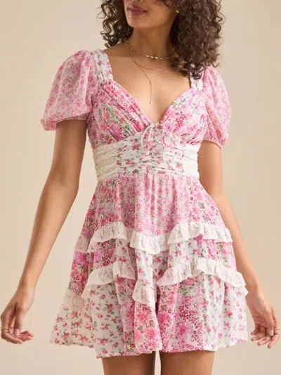 Truedames Floral Puff Sleeve Tiered Mini Dress In Pink