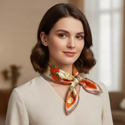 Truedames Floral Ribbon Printed Square Silky Satin Bandana Scarf In Brown