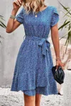 Truedames Floral Round Neck Slim Tiered A Line Ruffle Dress In Blue