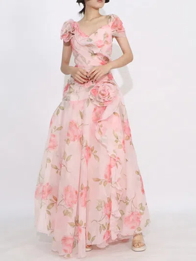 Truedames Floral Ruffled Short Sleeve Maxi Dress In Pink