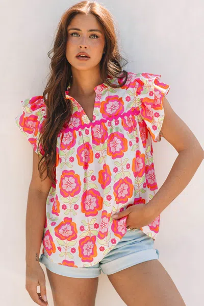 Truedames Floral Ruffled Sleeve Ric-rac Trim Split Neck Loose Blouse In Multi