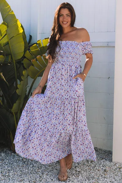 Truedames Floral Short Bubble Sleeve Shir High Waist Maxi Dress In Blue