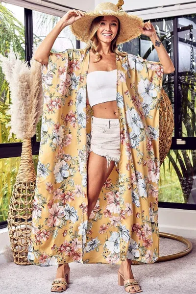 Truedames Floral Side Slit Longline Cardigan In Yellow