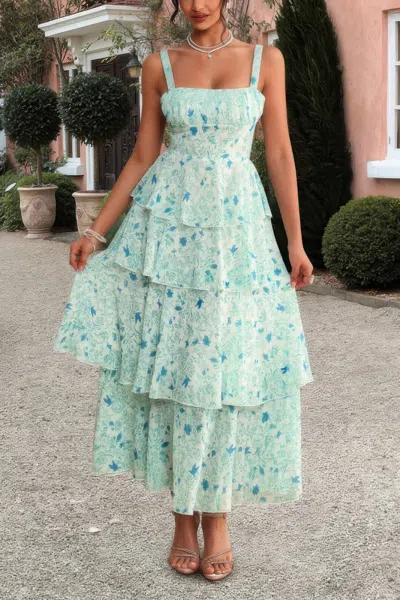Truedames Floral Sleeveless Tie Back Tiered Full Dress In Blue