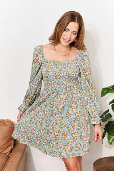 Truedames Floral Smocked Flounce Sleeve Square Neck Dress In Blue