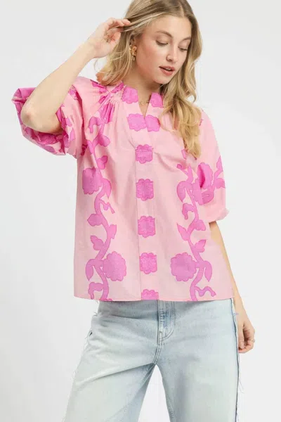 Truedames Floral Smocked Notched Puff Sleeve Blouse In Pink