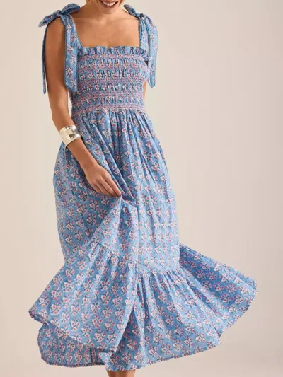 Truedames Floral Smocked Tie-shoulder Midi Dress In Blue