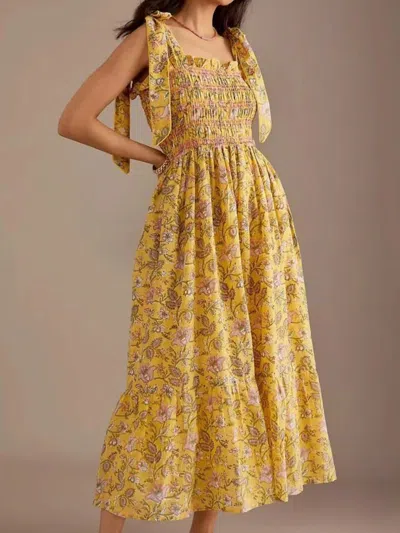 Truedames Floral Smocked Tie-shoulder Midi Dress In Yellow