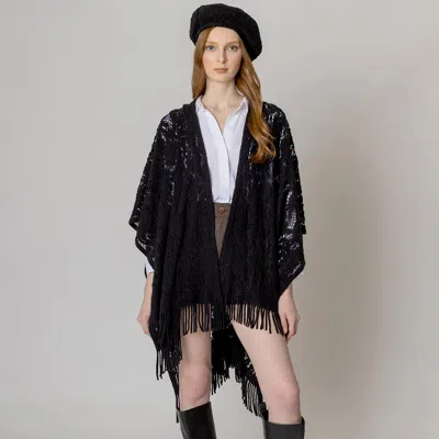 Truedames Floral Solid Crochet Ruana Poncho In Black
