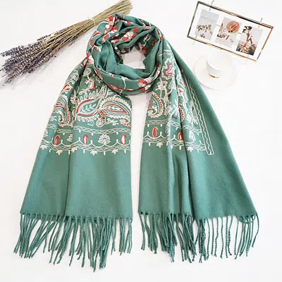 Truedames Floral Tassel Cashmere Feel Scarf In Green