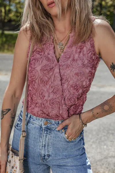 Truedames Floral Textu V Neck Wrapped Sleeveless Bodysuit In Pink