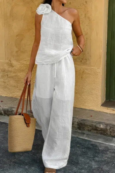 Truedames Floral Trim Linen A Tank Top And Pants Set In White