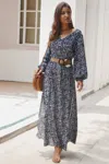 Truedames Floral V Neck Long Sleeve Full Dress In Blue