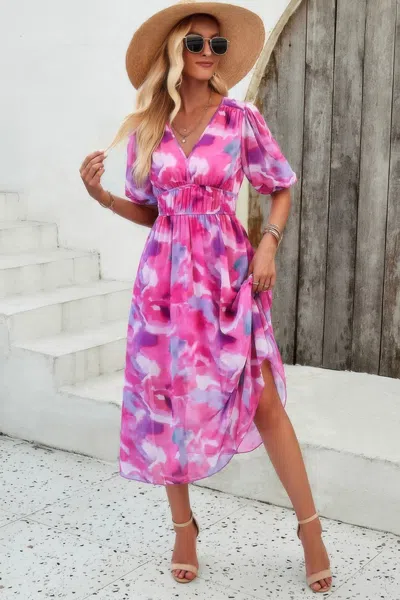 Truedames Floral V Neck Puffed Sleeve High Waist Dress In Pink