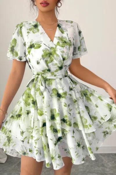 Truedames Floral V Neck Ruffle Sleeve Tie Belt Dress In White