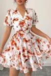 Truedames Floral V Neck Ruffle Sleeve Tie Belt Dress In White