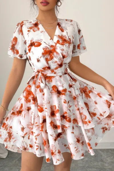 Truedames Floral V Neck Ruffle Sleeve Tie Belt Dress In White