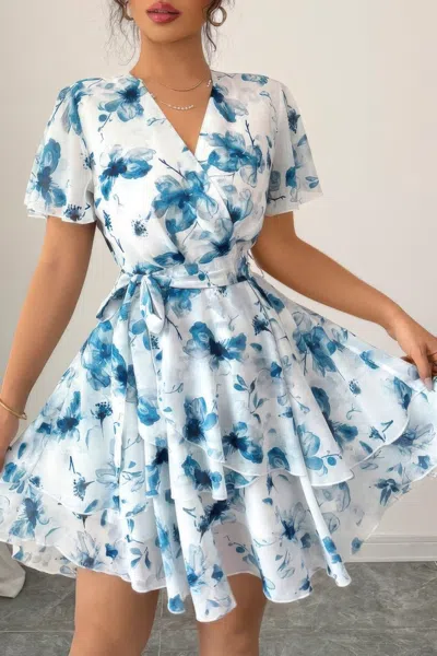 Truedames Floral V Neck Ruffle Sleeve Tie Belt Dress In White
