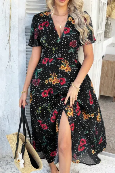 Truedames Floral V Neck Short Sleeve Tied Wrap Dress In Multi