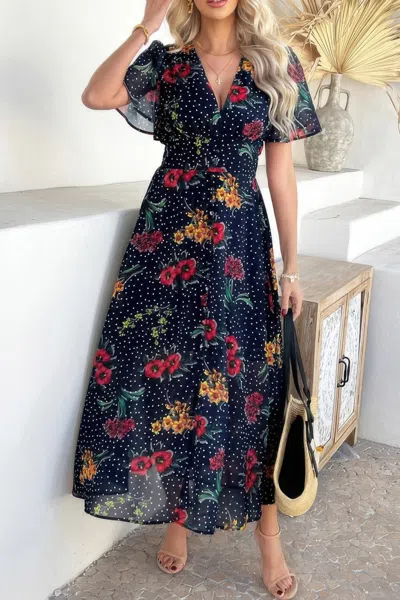 Truedames Floral V Neck Short Sleeve Tied Wrap Dress In Blue