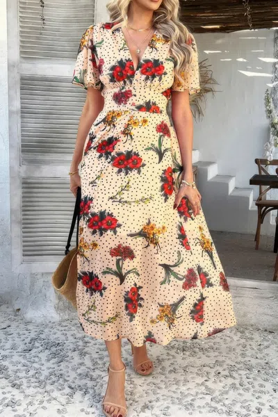 Truedames Floral V Neck Short Sleeve Tied Wrap Dress In Multi