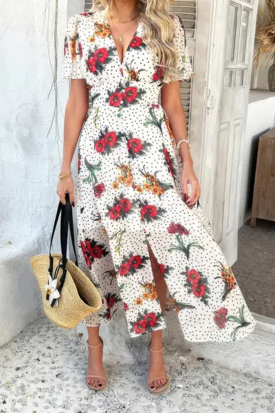 Truedames Floral V Neck Short Sleeve Tied Wrap Dress In Multi