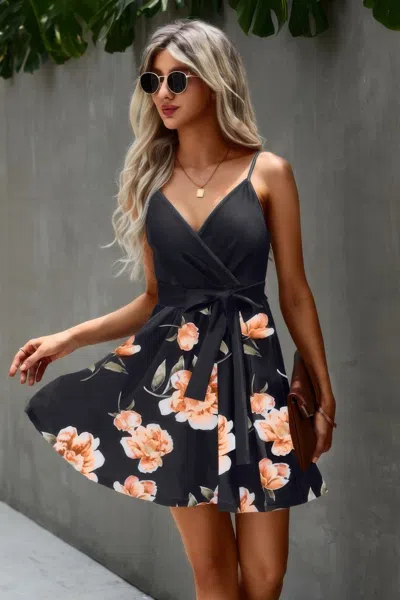 Truedames Floral V Neck Spaghetti Strap Belted Cami Dress In Black
