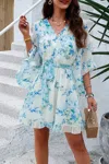 Truedames Floral V Neck Waist Tie Ruffle Hem Wrap Dress In Blue