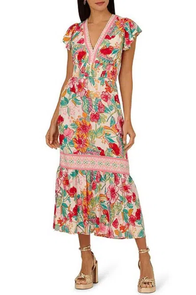 Truedames Floral V-neckline Flutter Cap Short Sleeves Maxi Dress In Multi
