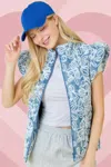 Truedames Floral Velvet Embroidered Denim Puffer Vest In Multi