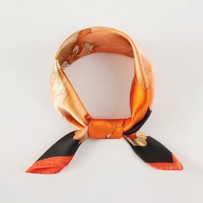 Truedames Flower Artwork Printed Square Silky Satin Bandana Scarf In Orange