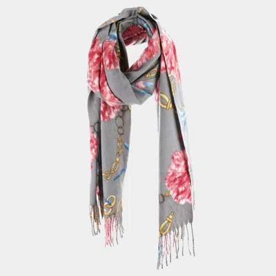 Truedames Flower Chain Print Tassel Oblong Scarf In Gray