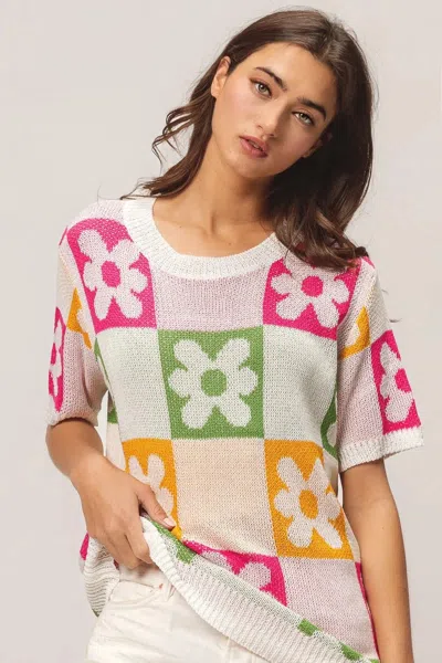 Truedames Flower Checker Pattern Lightweight Sweater Top In Multi