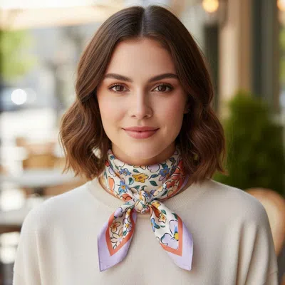 Truedames Flower Drawing Printed Square Silky Satin Bandana Scarf In Multi