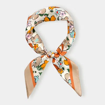 Truedames Flower Drawing Printed Square Silky Satin Bandana Scarf In Orange