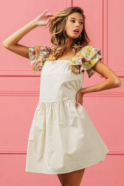 Truedames Flower Embroidered Floral Print Sleeve Dress In White