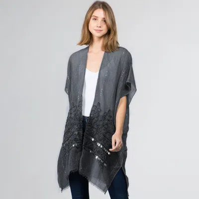 Truedames Flower Embroidered Open Front Kimono Poncho In Black